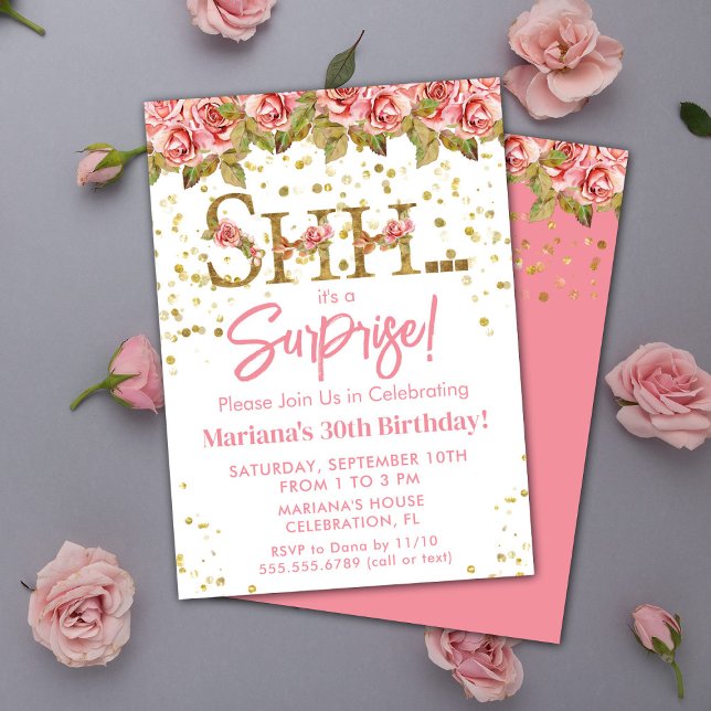 Pink Roses Floral Surprise Birthday Party Invitation (Creator Uploaded)