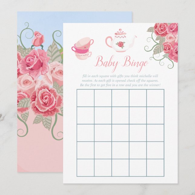 Pink Roses Floral Tea Party Baby Shower Baby Bingo Invitation (Front/Back)