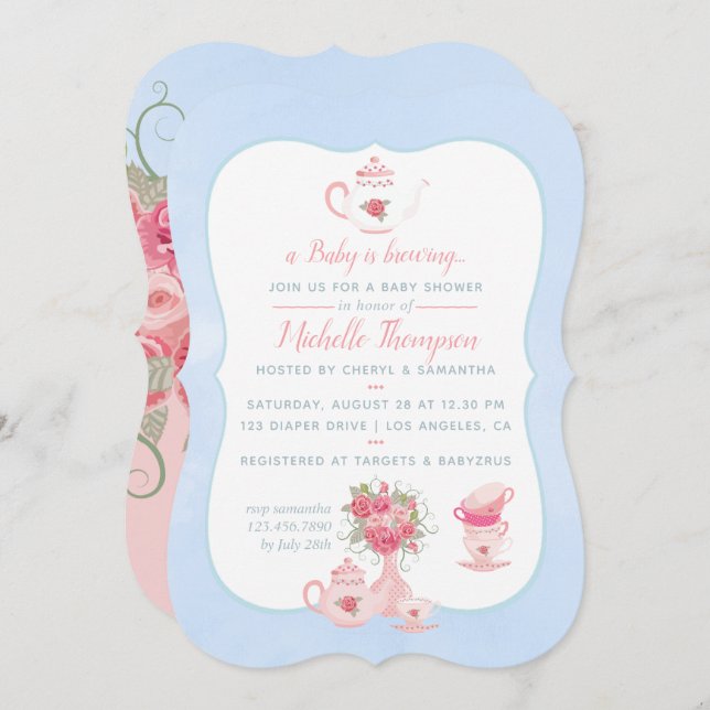 Pink Roses Floral Tea Party Baby Shower Invitation (Front/Back)