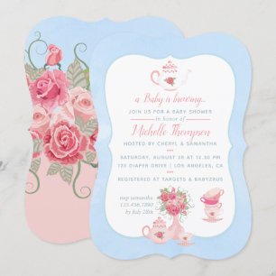 Pink Roses Floral Tea Party Baby Shower Invitation