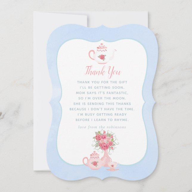 Pink Roses Floral Tea Party Baby Shower Thank You Card (Front)