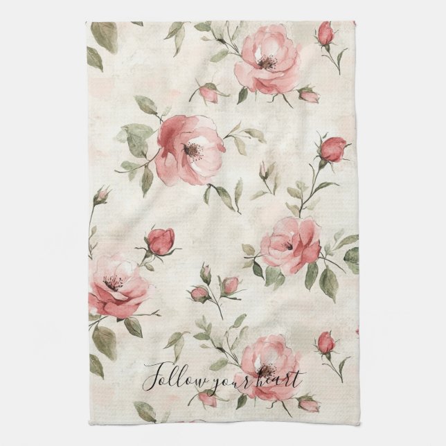 Pink Roses Floral  Tea Towel (Vertical)