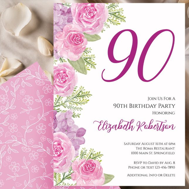 Pink Roses Floral Template 90th Birthday (Creator Uploaded)
