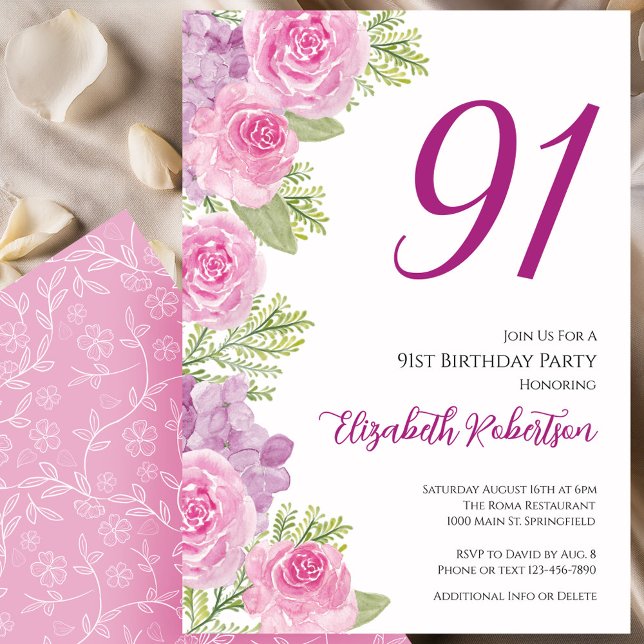 Pink Roses Floral Template 91st Birthday (Creator Uploaded)