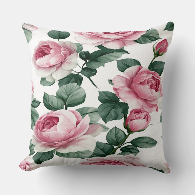 Pink Roses Floral Throw Pillow (Front)