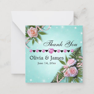 Pink Roses Floral Wedding Thank You Flat Note Card