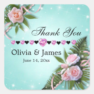 Pink Roses Floral Wedding Thank You Square Sticker