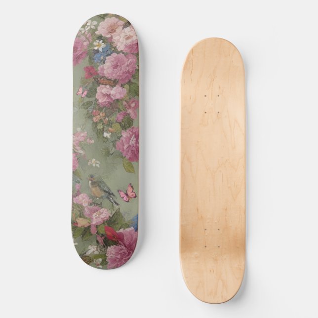 Pink Roses Floral with Bird and Butterflies Green Skateboard (Front)