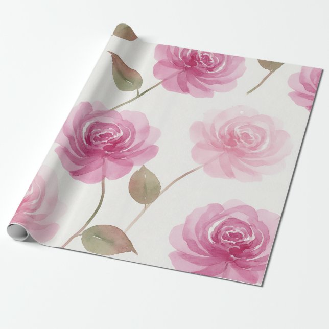 Pink Roses Floral Wrapping Paper (Unrolled)