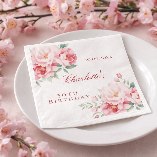 Pink roses florals elegant birthday napkin (Creator Uploaded)