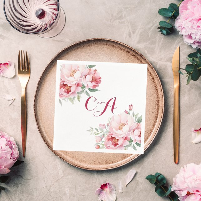 Pink roses florals monogram birthday napkin (Creator Uploaded)