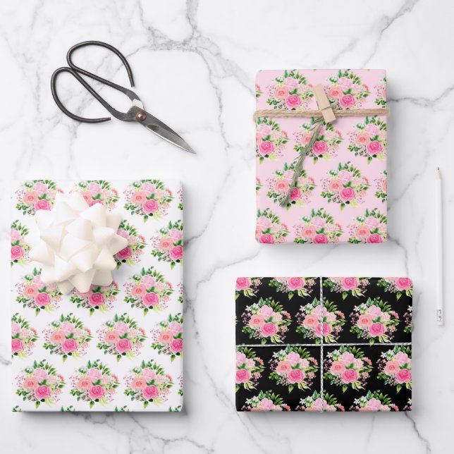 Pink Roses Flowers and Greenery Wrapping Paper Sheet (Front)