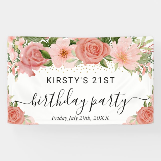 Pink Roses Flowers Birthday Party Welcome Banner (Horizontal)