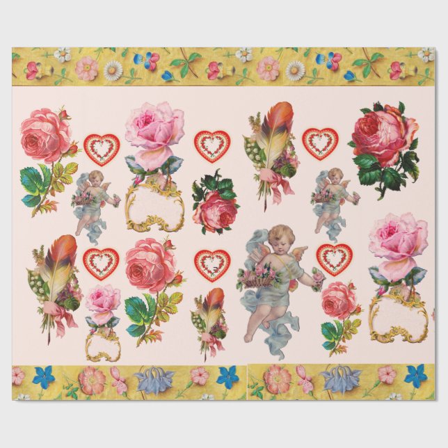 PINK ROSES,FLOWERS,FEATHERS,ANGELS AND HEARTS WRAPPING PAPER (Flat)