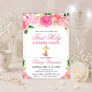 Pink Roses Flowers First Holy Communion Invitation