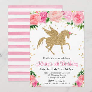 Pink Roses & Flowers Gold Unicorn Birthday Party Invitation