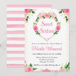 Pink Roses Flowers Heart Wreath Sweet 16 Invitation