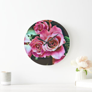 PINK ROSES FLOWERS LARGE CLOCK