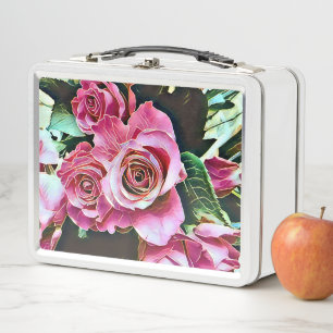 PINK ROSES FLOWERS METAL LUNCH BOX