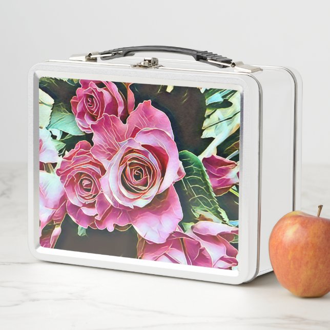 PINK ROSES FLOWERS METAL LUNCH BOX (In Situ)