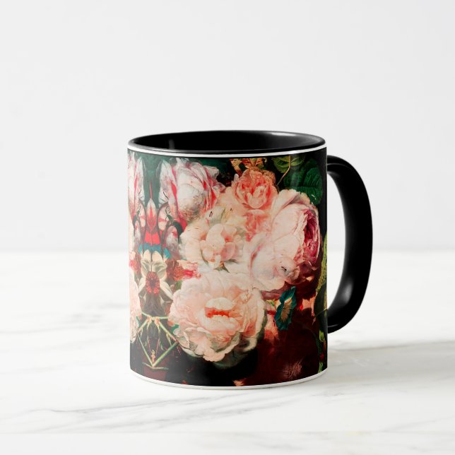 PINK ROSES ,FLOWERS,MORNING GLORIES AND BUTTERFLY MUG (Front Right)