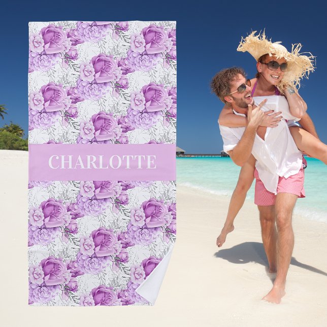 Pink roses flowers name white beach towel (Creator Uploaded)