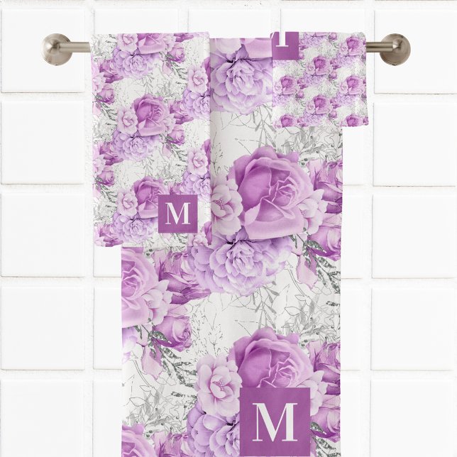 Pink roses flowers white monogram bath towel set (Creator Uploaded)