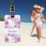 Pink roses flowers white name luggage tag<br><div class="desc">White background decorated with pink roses,  flowers.  Personalise and add a name. Your contact information on the back.</div>