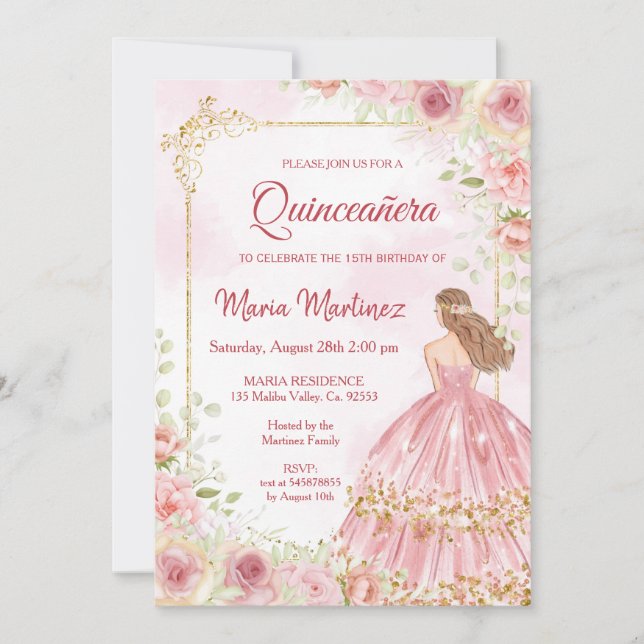 Pink Roses Flowers With Blush Pink Quinceanera  In Invitation (Front)