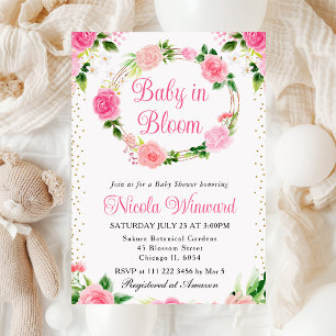 Pink Roses Flowers Wreath Baby Shower Invitation