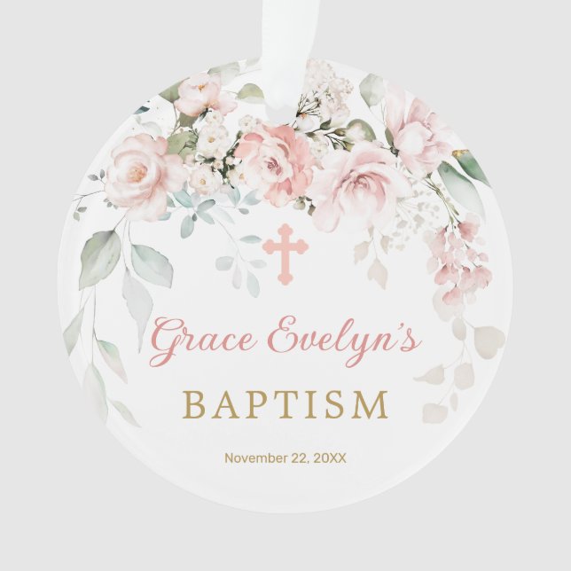 Pink Roses Foliage Cross Baptism Photo Ornament (Front)