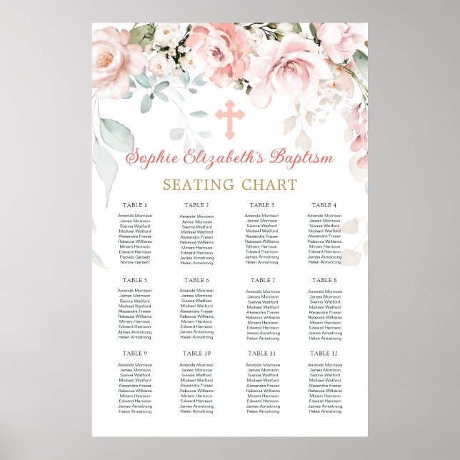 Pink Roses Foliage Cross Baptism Seating Chart (Front)
