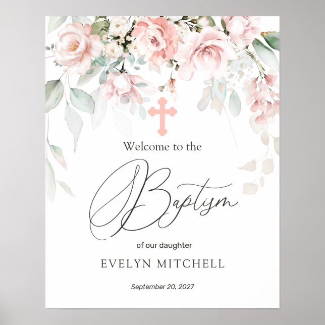 Pink Roses Foliage Cross Baptism Welcome Sign (Front)