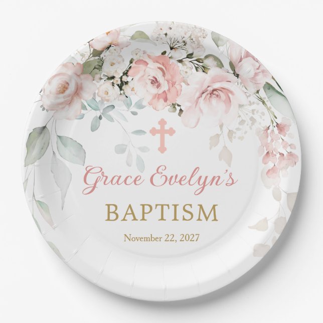 Pink Roses Foliage Cross Paper Plates (Front)
