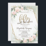 Pink Roses Frame Confetti Green 50th Birthday  Invitation<br><div class="desc">Elegant gold frame,  and pink roses on a watercolor green background.</div>