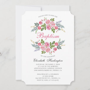 Pink roses. Garden flowers. Floral girl baptism Invitation