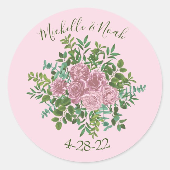 Pink Roses Garden Spring Wedding Classic Round Sticker (Front)