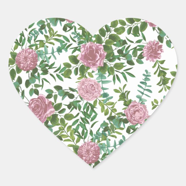 Pink Roses Garden Spring Wedding Heart Sticker (Front)