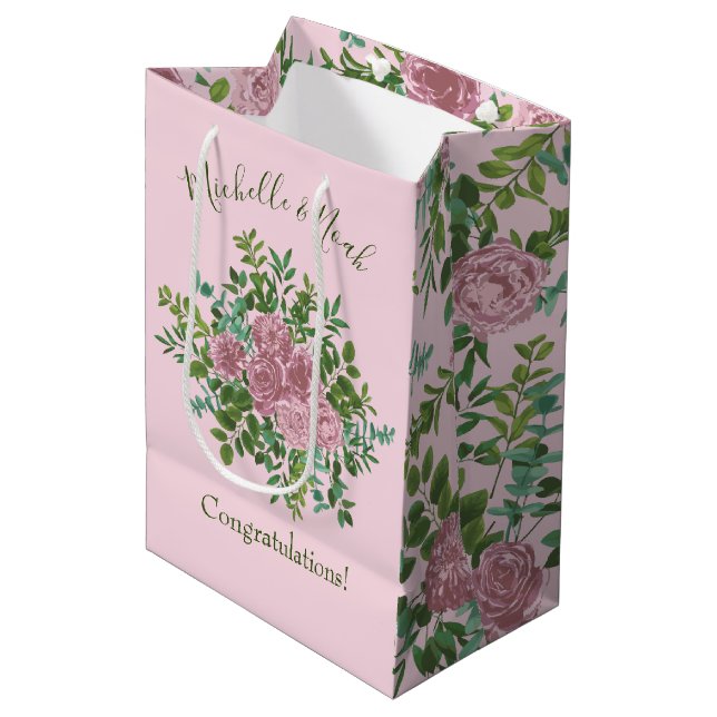 Pink Roses Garden Spring Wedding Medium Gift Bag (Front Angled)