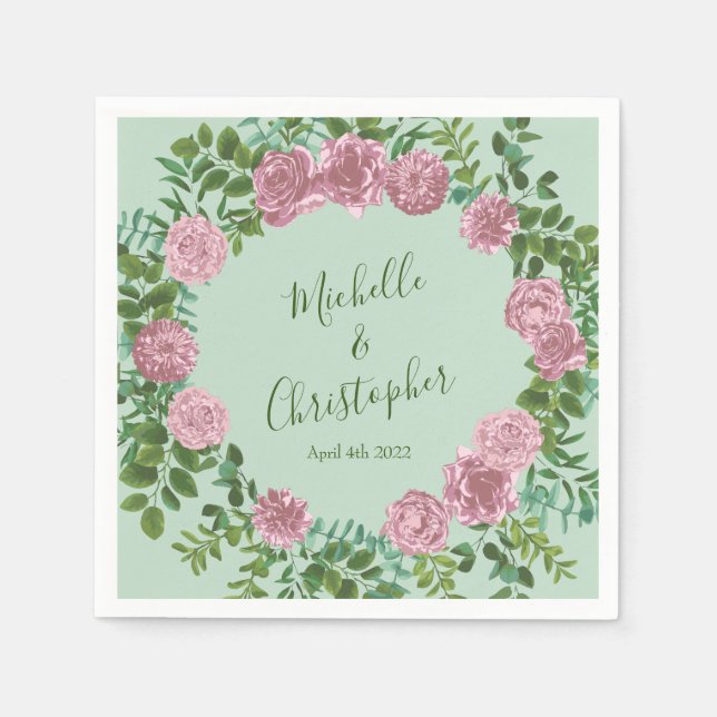 Pink Roses Garden Spring Wedding Napkin (Front)