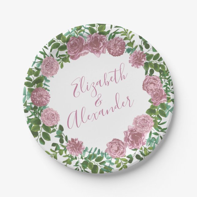 Pink Roses Garden Spring Wedding Paper Plate (Front)