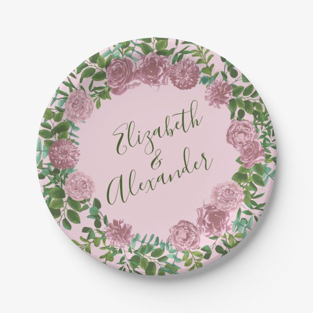 Pink Roses Garden Spring Wedding Paper Plate (Front)
