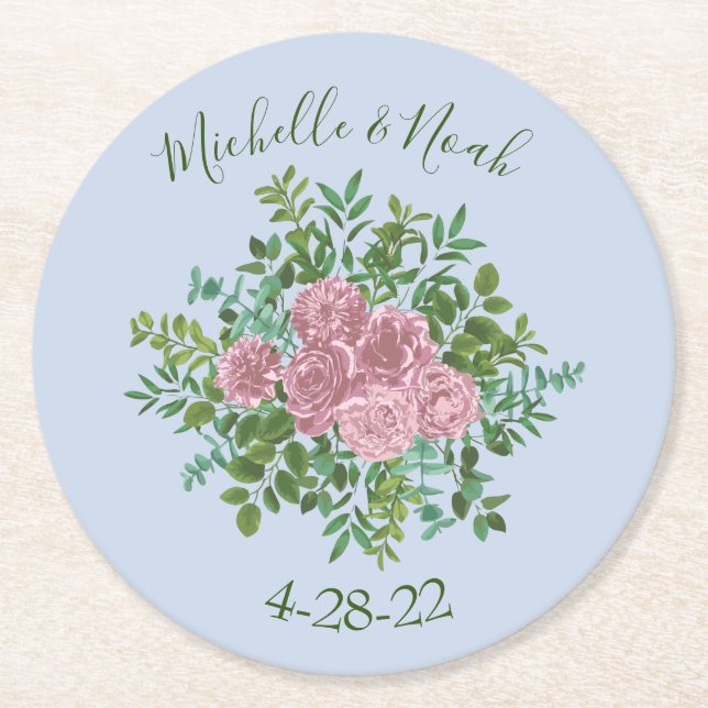 Pink Roses Garden Spring Wedding Round Paper Coaster (Front)