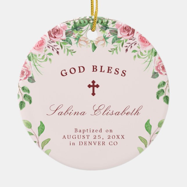 Pink roses girl baptism photo personalised ceramic ornament (Front)