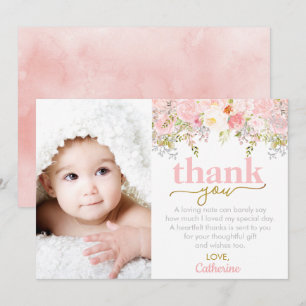 Pink Roses Girl Birthday Photo Thank You Card