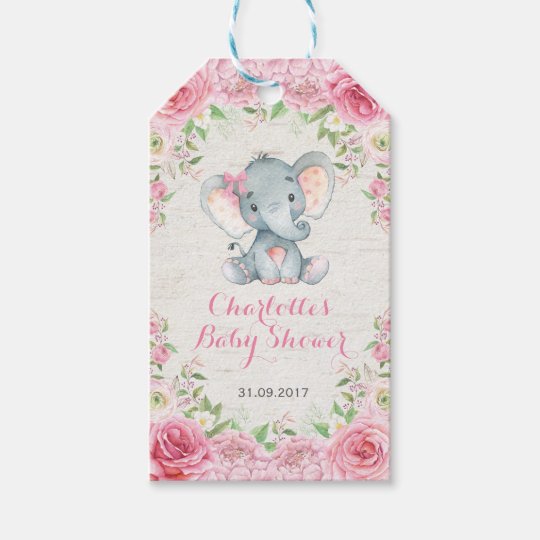 Pink Roses Girl Elephant Baby Shower Favor Tag | Zazzle.com.au