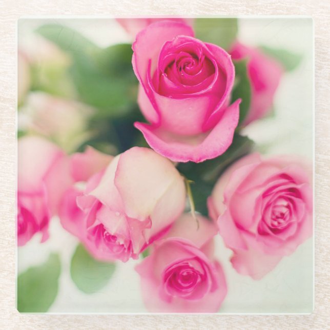 Pink Roses Glass Coaster (Front)