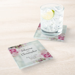 Pink Roses Glass Wedding Coaster