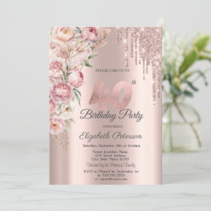 Pink Roses Glitter Drips Rose Gold 40th Birthday   Invitation