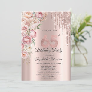 Pink Roses Glitter Drips Rose Gold 65th Birthday   Invitation
